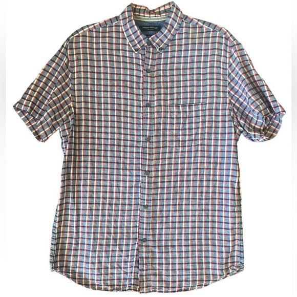 Banana Republic 100% Linen Men’s Medium Red White Blue Plaid Short Sleeve Button - Picture 1 of 5